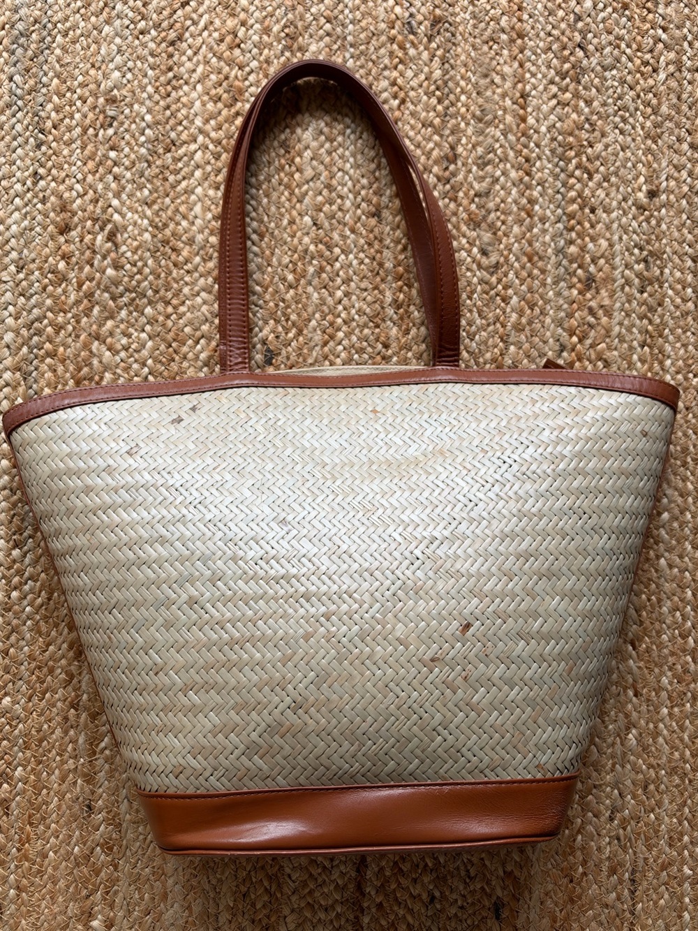 Bembien Natural Leather Tote with optional longer strap. 22”H, 9”-19” W